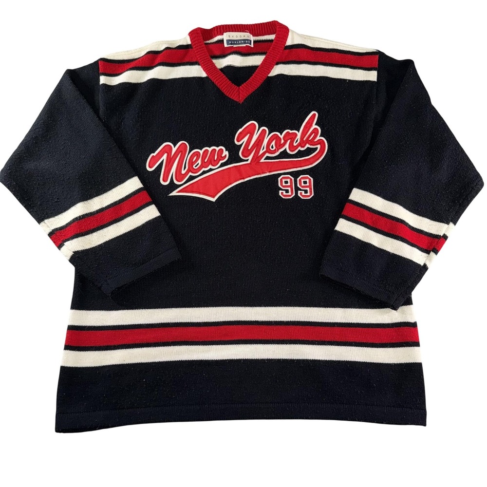 Skoops Sweater Mens 2XL Blue V Neck New York 99 Striped Pullover Hockey Style